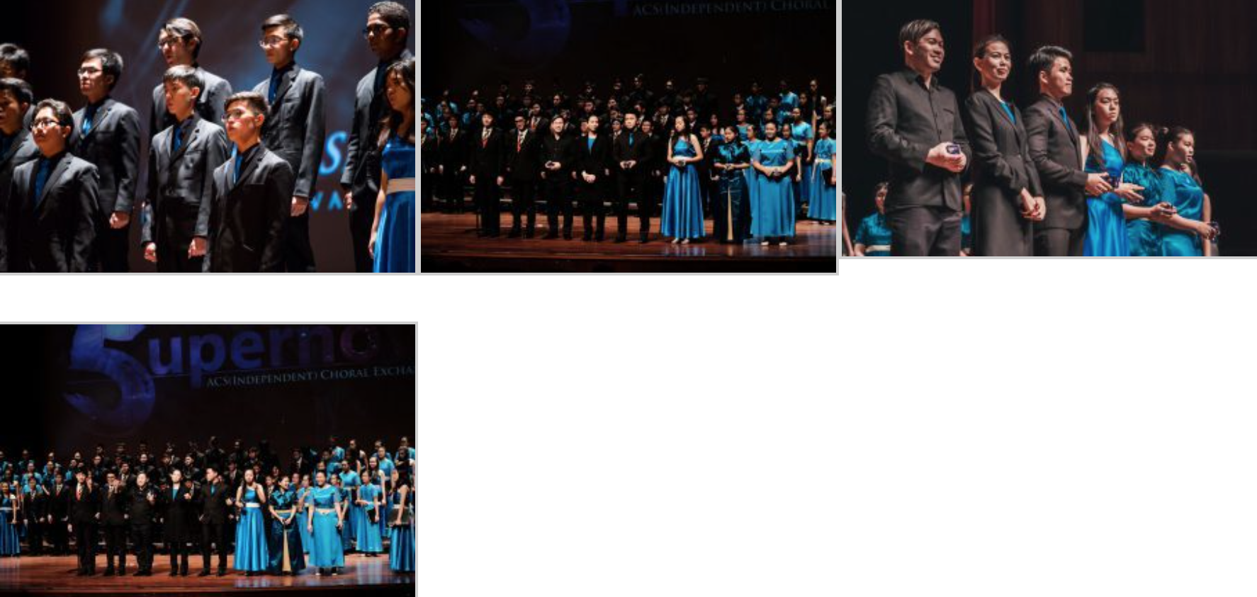 Four photos of a large choir on stage, members wearing black suits and bright blue dresses, at ACS Independent Choral Exchange.